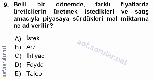 9. soru: Belli bir dönemde, farklı fiyatlarda üreticilerin üretmek istedikleri ve satış amacıyla piyasaya sürdükleri mal mikta…