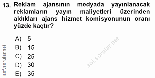 13. soru: Reklam ajansının medyada yayınlanacak reklamların yayın maliyetleri üzerinden aldıkları ajans hizmet komisyonunun ora…