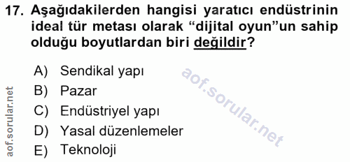 17. soru: Aşağıdakilerden hangisi yaratıcı endüstrinin ideal tür metası olarak "dijital oyun"un sahip olduğu boyutlardan biri d…