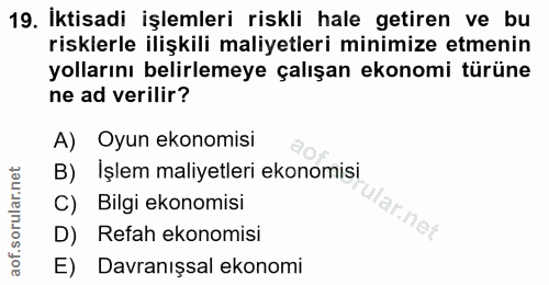19. soru: İktisadi işlemleri riskli hale getiren ve bu risklerle ilişkili maliyetleri minimize etmenin yollarını belirlemeye ça…