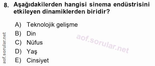 8. soru: Aşağıdakilerden hangisi sinema endüstrisini etkileyen dinamiklerden biridir? A) Teknolojik gelişme B) Din C) Nüfus D)…
