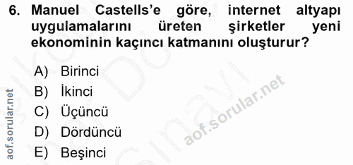 6. soru: Manuel Castells'e göre, internet altyapı uygulamalarını üreten şirketler yeni ekonominin kaçıncı katmanını oluşturur?…