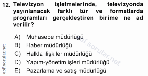 12. soru: Televizyon işletmelerinde, televizyonda yayınlanacak farklı tür ve formatlarda programları gerçekleştiren birime ne a…