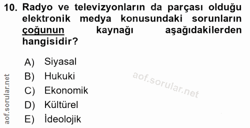 10. soru: Radyo ve televizyonların da parçası olduğu elektronik medya konusundaki sorunların çoğunun kaynağı aşağıdakilerden ha…