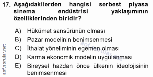 17. soru: Aşağıdakilerden hangisi serbest piyasa sinema endüstrisi yaklaşımının özelliklerinden biridir? A) Hükümet sansürünün…