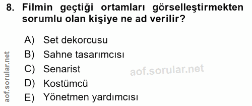 8. soru: Filmin geçtiği ortamları görselleştirmekten sorumlu olan kişiye ne ad verilir? A) Set dekorcusu B) Sahne tasarımcısı…