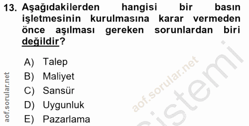 13. soru: Aşağıdakilerden hangisi bir basın işletmesinin kurulmasına karar vermeden önce aşılması gereken sorunlardan biri deği…