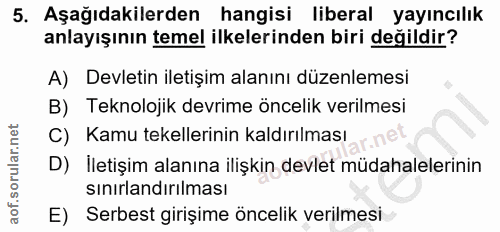 5. soru: Aşağıdakilerden hangisi liberal yayıncılık anlayışının temel ilkelerinden biri değildir? A) Devletin iletişim alanını…