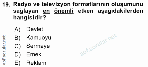19. soru: Radyo ve televizyon formatlarının oluşumunu sağlayan en önemli etken aşağıdakilerden hangisidir? A) Devlet B) Kamuoyu…