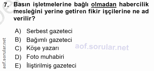 7. soru: Basın işletmelerine bağlı olmadan habercilik mesleğini yerine getiren fikir işçilerine ne ad verilir? A) Serbest gaze…