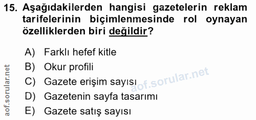 15. soru: Aşağıdakilerden hangisi gazetelerin reklam tarifelerinin biçimlenmesinde rol oynayan özelliklerden biri değildir? A)…