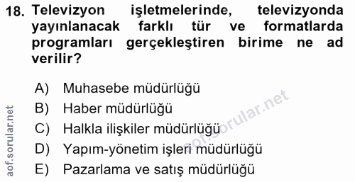 18. soru: Televizyon işletmelerinde, televizyonda yayınlanacak farklı tür ve formatlarda programları gerçekleştiren birime ne a…