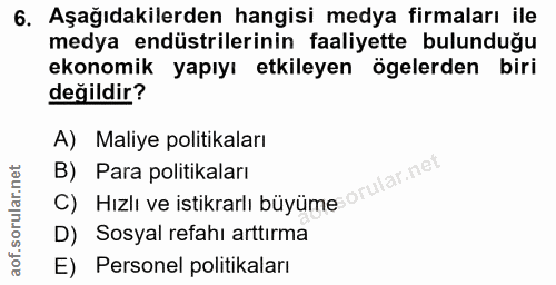 6. soru: Aşağıdakilerden hangisi medya firmaları ile medya endüstrilerinin faaliyette bulunduğu ekonomik yapıyı etkileyen ögel…