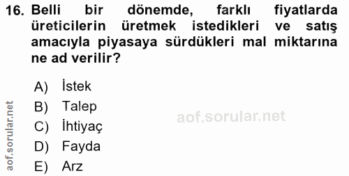 16. soru: Belli bir dönemde, farklı fiyatlarda üreticilerin üretmek istedikleri ve satış amacıyla piyasaya sürdükleri mal mikta…
