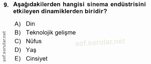 9. soru: Aşağıdakilerden hangisi sinema endüstrisini etkileyen dinamiklerden biridir? A) Din B) Teknolojik gelişme C) Nüfus D)…