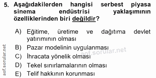 5. soru: Aşağıdakilerden hangisi serbest piyasa sinema endüstrisi yaklaşımının özelliklerinden biri değildir? A) Eğitime, üret…