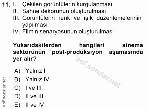 11. soru: I. Çekilen görüntülerin kurgulanması Il. Sahne dekorunun oluşturulması IlI. Görüntülerin renk ve ışık düzenlemelerini…