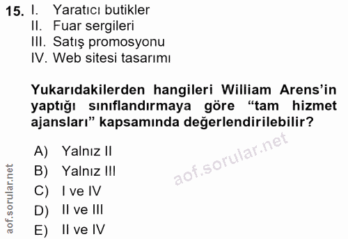 15. soru: 1 Yaratıcı butikler II. Fuar sergileri III. Satış promosyonu IV. Web sitesi tasarımı Yukarıdakilerden hangileri Willi…