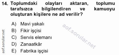 14. soru: Toplumdaki olayları aktaran, toplumu tarafsızca bilgilendiren ve kamuoyu oluşturan kişilere ne ad verilir? A) Mavi ya…