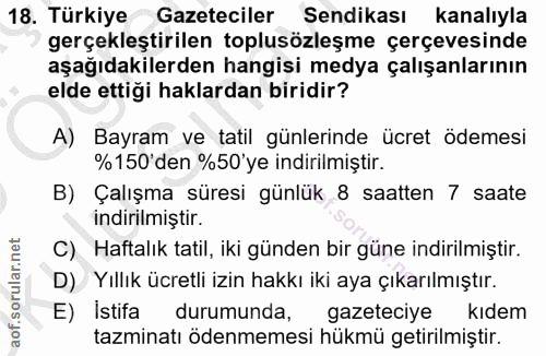 18. soru: Türkiye Gazeteciler Sendikası kanalıyla gerçekleştirilen toplusözleşme çerçevesinde aşağıdakilerden hangisi medya çal…