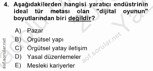 4. soru: Aşağıdakilerden hangisi yaratıcı endüstrinin ideal tür metası olan "dijital oyunun" boyutlarından biri değildir? A) P…