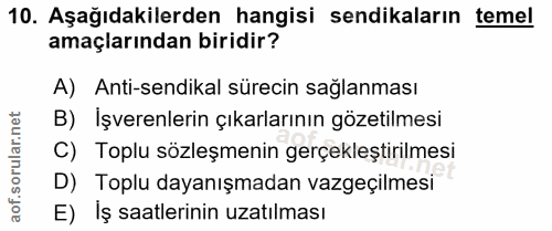 10. soru: Aşağıdakilerden hangisi sendikaların temel amaçlarından biridir? A) Anti-sendikal sürecin sağlanması B) İşverenlerin…