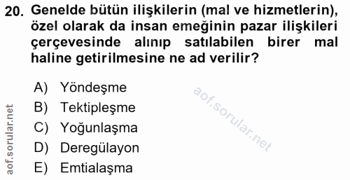 20. soru: Genelde bütün ilişkilerin (mal ve hizmetlerin), özel olarak da insan emeğinin pazar ilişkileri çerçevesinde alınıp sa…