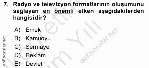 7. soru: Radyo ve televizyon formatlarının oluşumunu sağlayan en önemli etken aşağıdakilerden hangisidir? A) Emek B) Kamuoyu C…