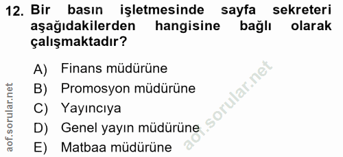 12. soru: Bir basın işletmesinde sayfa sekreteri aşağıdakilerden hangisine bağlı olarak çalışmaktadır? A) Finans müdürüne 'ular…