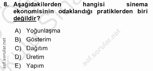 8. soru: Aşağıdakilerden hangisi sinema ekonomisinin odaklandığı pratiklerden biri değildir? A) Yoğunlaşma B) Gösterim aof.sor…