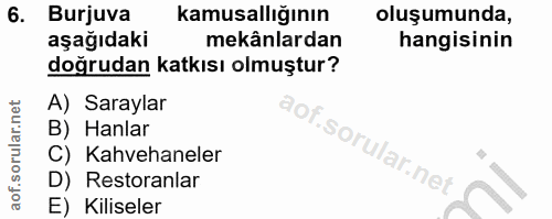 6. soru: Burjuva kamusallığının oluşumunda, aşağıdaki mekânlardan hangisinin doğrudan katkısı olmuştur? A) Saraylar B) Hanlar…