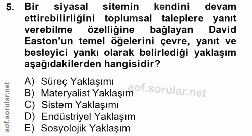 5. soru: Bir siyasal sitemin kendini devam ettirebilirliğini toplumsal taleplere yanıt verebilme özelliğine bağlayan David Est…