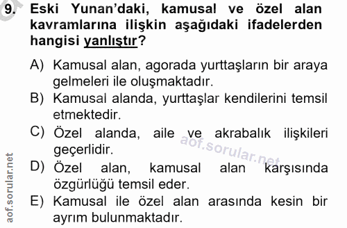 9. soru: Eski Yunan'daki, kamusal ve özel alan kavramlarına ilişkin aşağıdaki ifadelerden hangisi yanlıştır? A) Kamusal alan,…