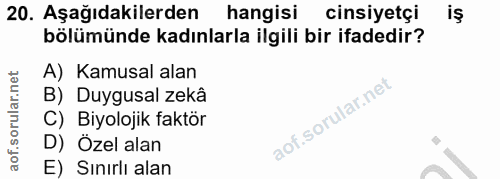 20. soru: Aşağıdakilerden hangisi cinsiyetçi bölümünde kadınlarla ilgili bir ifadedir? A) Kamusal alan B) Duygusal zekâ C) Biyo…