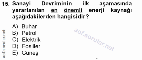 15. soru: Sanayi Devriminin ilk aşamasında yararlanılan en önemli enerji kaynağı aşağıdakilerden hangisidir? A) Buhar B) Petrol…
