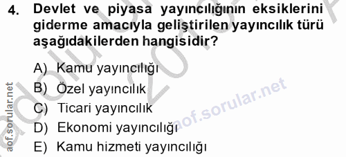 4. soru: Devlet ve piyasa yayıncılığının eksiklerini giderme amacıyla geliştirilen yayıncılık türü aşağıdakilerden hangisidir?…
