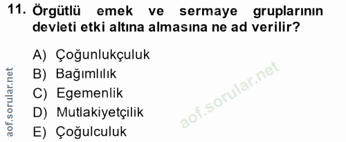 11. soru: Örgütlü emek ve sermaye gruplarinin devleti etki altına almasına ne ad verilir? A) Çoğunlukçuluk B) Bağımlılık C) Ege…