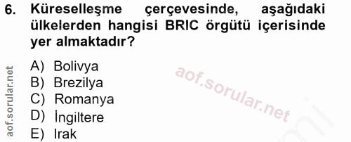 6. soru: Küreselleşme çerçevesinde, aşağıdaki ülkelerden hangisi BRIC örgütü içerisinde yer almaktadır? A) Bolivya B) Brezilya…