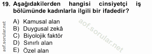 19. soru: Aşağıdakilerden hangisi cinsiyetçi bölümünde kadınlarla ilgili bir ifadedir? A) Kamusal alan B) Duygusal zekâ C) Biyo…