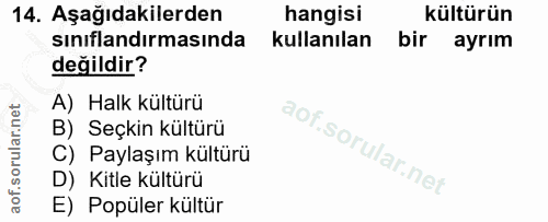 14. soru: Aşağıdakilerden hangisi kültürün sınıflandırmasında kullanılan bir ayrım değildir? A) Halk kültürü B) Seçkin kültürü…