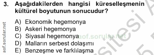 3. soru: Aşağıdakilerden hangisi küreselleşmenin kültürel boyutunun sonucudur? A) Ekonomik hegemonya B) Askeri hegemonya satim…