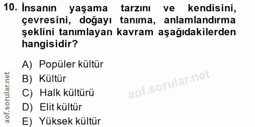10. soru: Insanın yaşama tarzını ve kendisini, çevresini, doğayı tanıma, anlamlandırma şeklini tanımlayan kavram aşağıdakilerde…