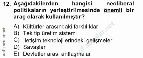 12. soru: Aşağıdakilerden hangisi neoliberal politikaların yerleştirilmesinde önemli bir araç olarak kullanılmıştır? A) Kültürl…