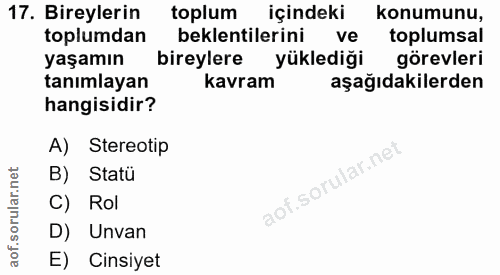 17. soru: Bireylerin toplum içindeki konumunu, toplumdan bireylere yüklediği toplumsal beklentilerini ve yaşamın görevleri tanı…