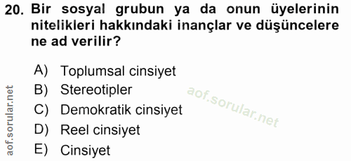 20. soru: Bir sosyal grubun ya da onun üyelerinin nitelikleri hakkındaki inançlar ve düşüncelere ne ad verilir? A) Toplumsal ci…