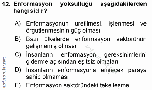 12. soru: Enformasyon yoksulluğu aşağıdakilerden hangisidir? A) Enformasyonun üretilmesi, işlenmesi ve örgütlenmesinin güç olma…