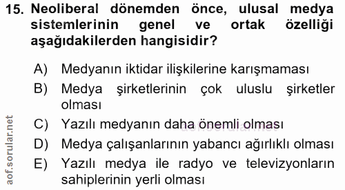 15. soru: Neoliberal dönemden önce, ulusal medya sistemlerinin genel ve ortak özelliği aşağıdakilerden hangisidir? A) Medyanın…