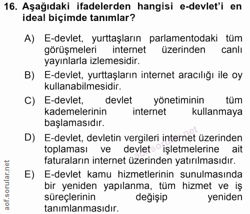 16. soru: Aşağıdaki ifadelerden hangisi e-devlet'i en ideal biçimde tanımlar? A) E-devlet, yurttaşların parlamentodaki tüm görü…