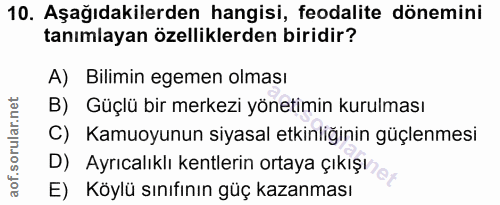10. soru: Aşağıdakilerden hangisi, feodalite dönemini tanımlayan özelliklerden biridir? A) Bilimin egemen olması B) Güçlü bir m…