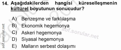 14. soru: Aşağıdakilerden hangisi küreselleşmenin kültürel boyutunun sonucudur? A) Benzeşme ve farklılaşma B) Ekonomik hegemony…
